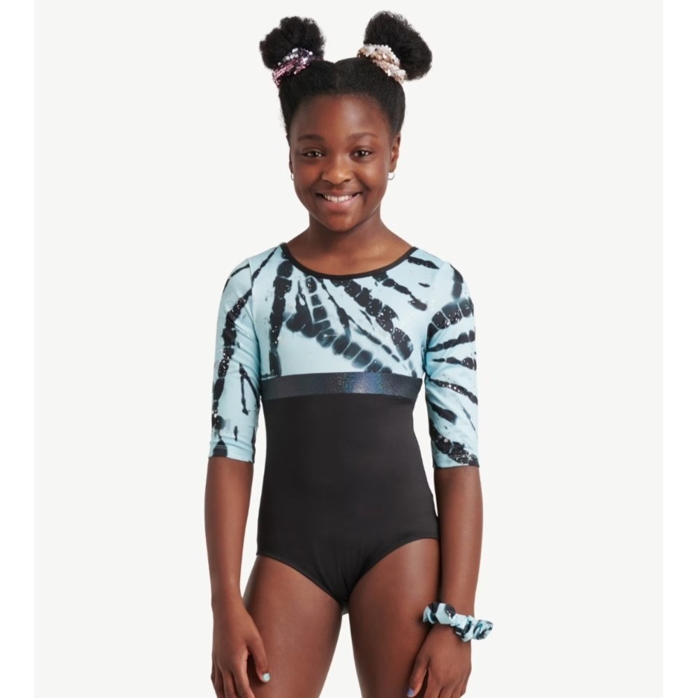 Justice Girls Leotard Size S (7/8) Radial Dye Blue Black Elbow Length Sleeve